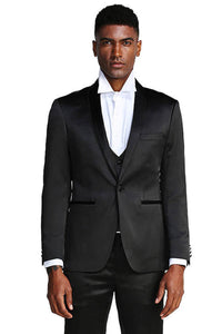"Black Men's Slim Fit Satin Tuxedo Suit - Vested Prom & Wedding Attire"