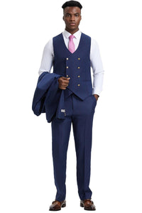 Men's Stacy Adams Vested One Button Side Peak Lapel Pinstripe Suit in Navy Blue