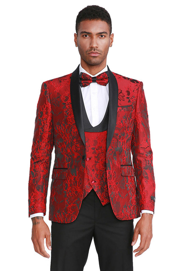 "Red Men's Slim Fit Prom Tuxedo with Paisley Shawl Lapel - One Button Vested"