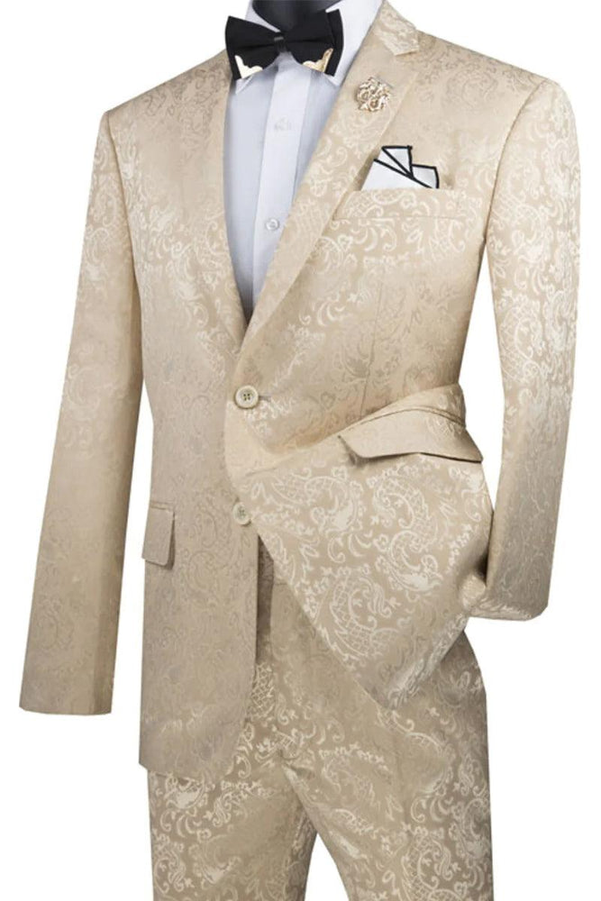 Fashionable Vinci Beige Slim-Fit Shine Paisley Prom/Wedding Suit - USA Men's Outlet