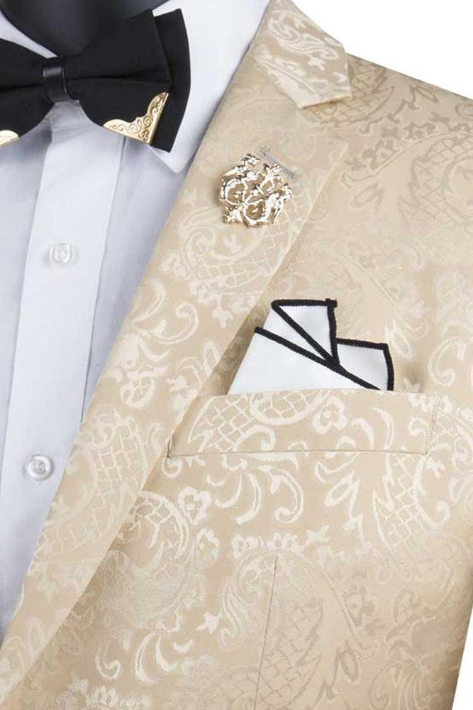 Fashionable Vinci Beige Slim-Fit Shine Paisley Prom/Wedding Suit - USA Men's Outlet