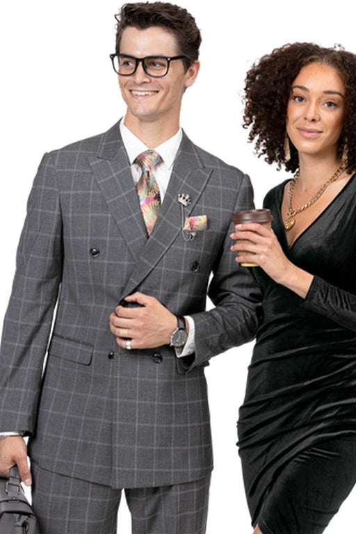 final: EJ Samuel Charcoal Grey Windowpane Plaid Double Breasted Pleated Pantsuit - USA Men's Outlet