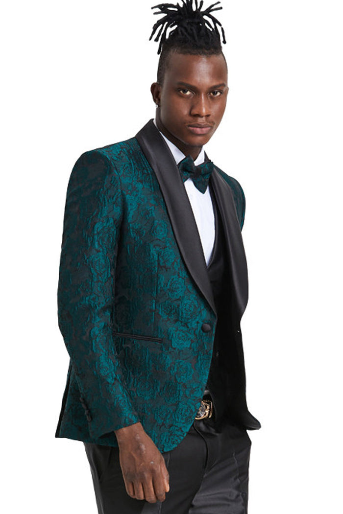Hunter Green Men's Slim Fit Paisley Floral Prom Tuxedo with One Button Vest Green Prom Dress