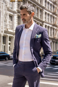 Mens Navy Blue Seersucker Suit – Cotton Fabric Shadow Pattern Ton on Tone Textured Two Button Notch Lapel Formal Summer Suit