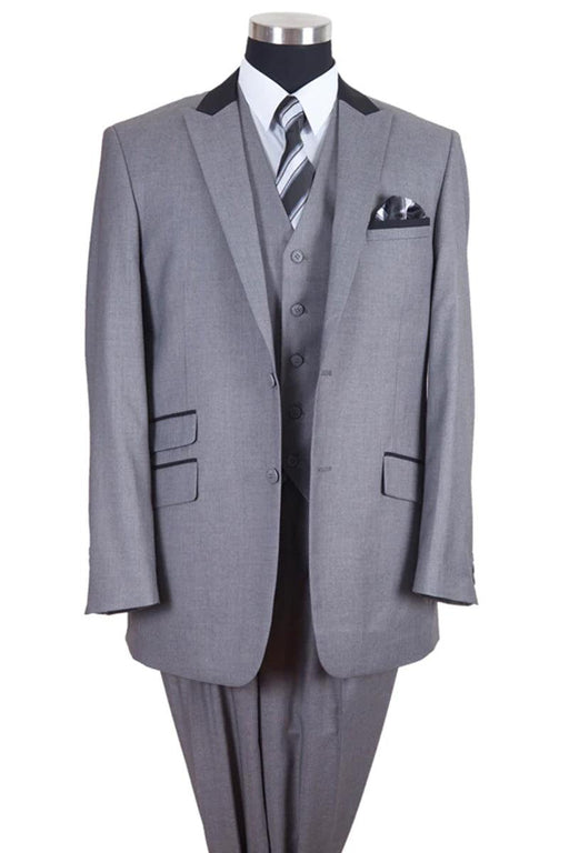 "Fortino Landi 2-Button Vested Suit with Contrasted Lapel and Collar - Grey/Black" - USA Men's Outlet