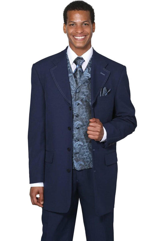 Fortino Landi 4-Button Navy Mens Fashion Suit with Paisley Vest - USA Men's Outlet