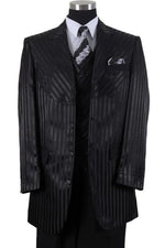 "Fortino Landi Black Semi-Wide Leg Shiny Tonal Stripe 4-Button Suit" - USA Men's Outlet