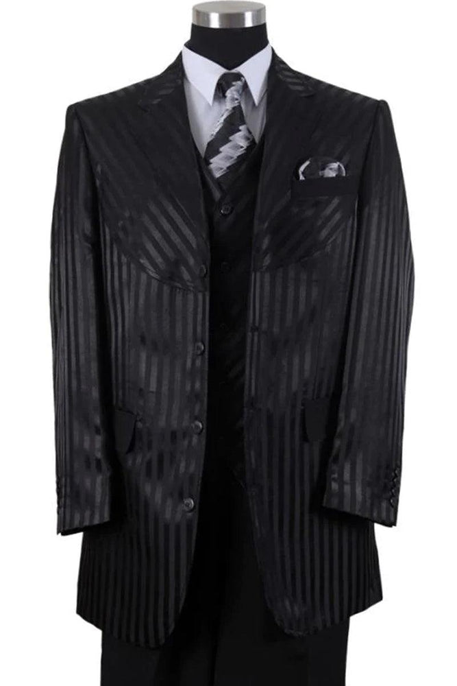 "Fortino Landi Black Semi-Wide Leg Shiny Tonal Stripe 4-Button Suit" - USA Men's Outlet