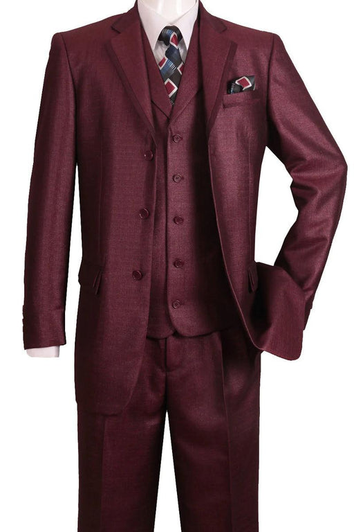 Fortino Landi Burgundy Sharkskin Vested Church Suit - 3-Btn Textured Shine - USA Men's Outlet