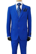 Fortino Landi Men Royal Blue Poplin 2-Button Slim Fit Suit - USA Men's Outlet