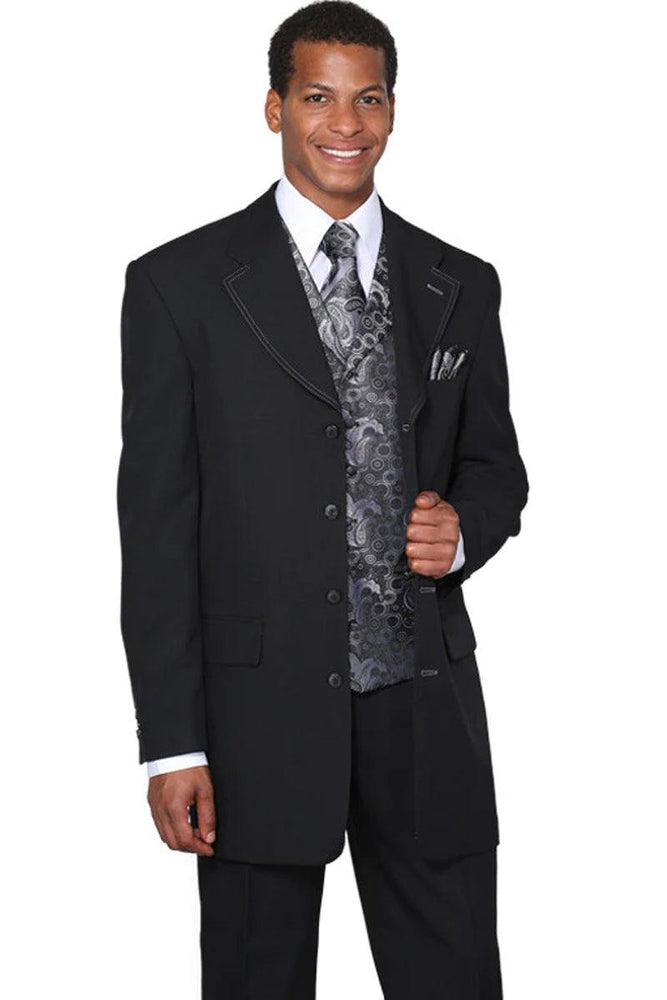 Fortino Landi Men's 4-Button Black Long Suit with Silver Paisley Vest - USA Men's Outlet