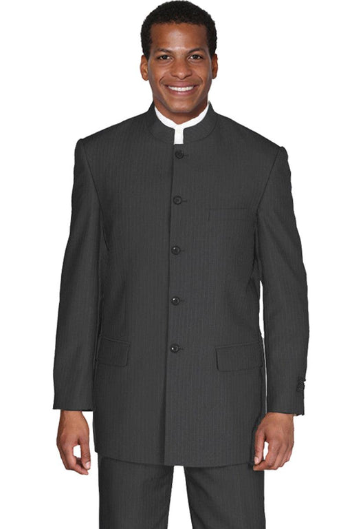 "Fortino Landi Men's 5-Button Pinstripe Mandarin Suit in Sophisticated Black" - USA Men's Outlet