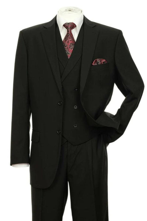 Fortino Landi Men's Black 2-Button Pleated Suit & Double-Breasted Vest - USA Men's Outlet