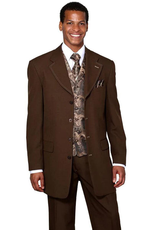 Fortino Landi Men's Brown 4-Button Long Vested Paisley Suit: Classy Sophistication - USA Men's Outlet