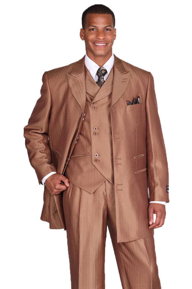 Fortino Landi Men's Brown Herringbone Stripe Vested Suit - USA Men's Outlet