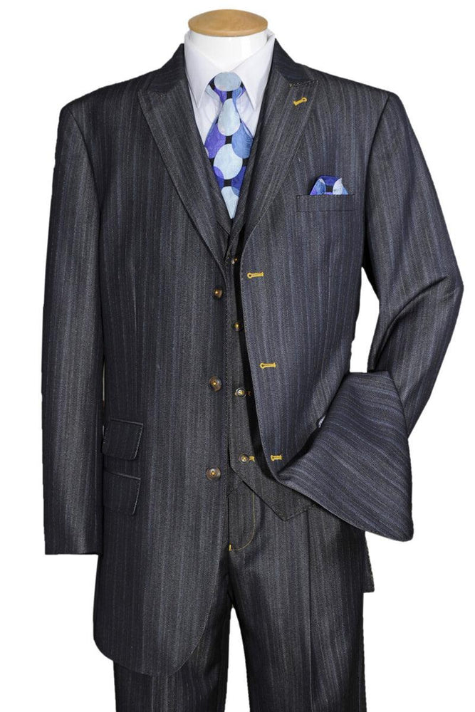 Fortino Landi Men's Denim 3-Button Vested Suit w/ Peak Lapel - Navy - USA Men's Outlet