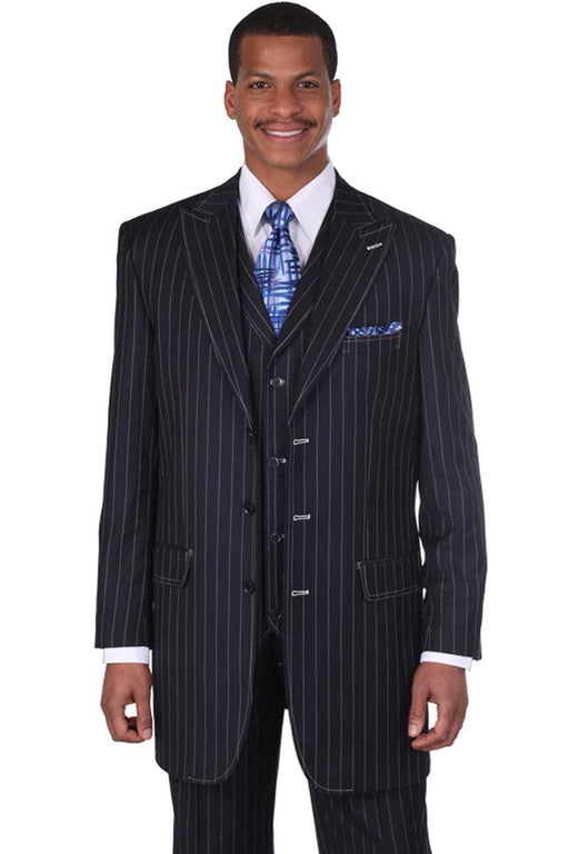 Fortino Landi Men's Navy Bold Pinstripe Vested Gangster Suit - USA Men's Outlet