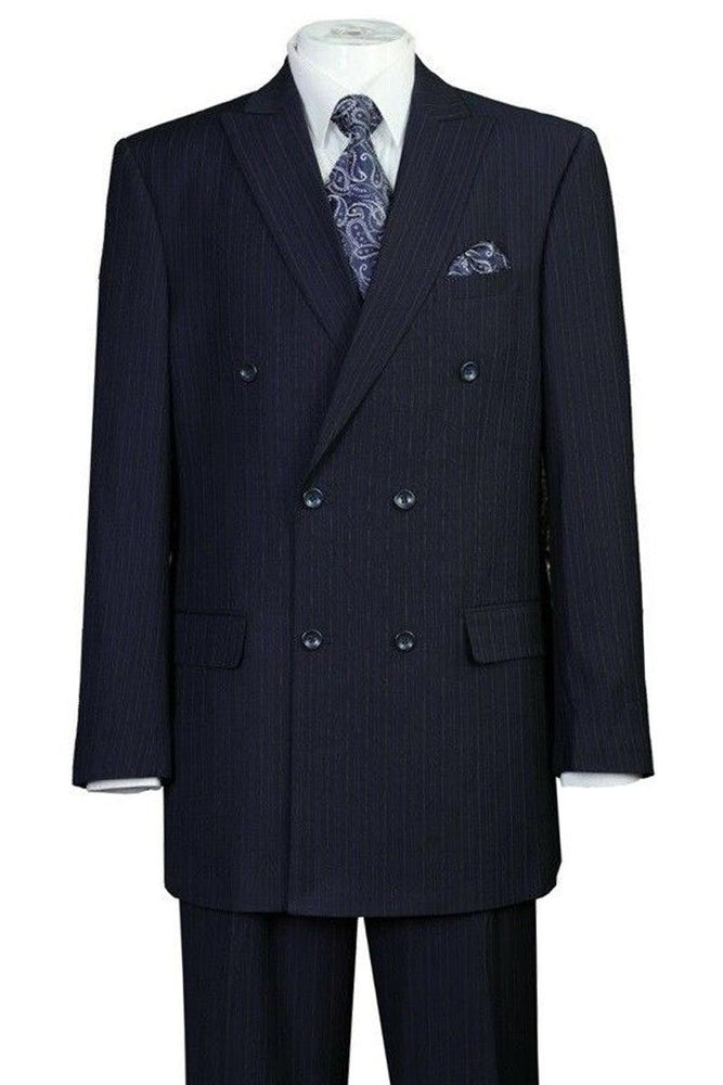 "Fortino Landi Men's Navy Pinstripe Suit: Classic Double Breasted Peak Lapel" - USA Men's Outlet