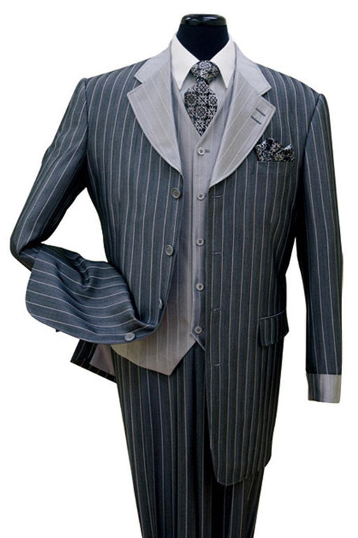 Fortino Landi Men's Navy Shiny Sharkskin Zoot Suit w/ Vested Pinstripe Style - USA Men's Outlet