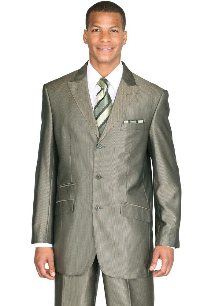 Fortino Landi Men's Olive Green Micro Pinstripe 3-Button Sharkskin Suit - USA Men's Outlet