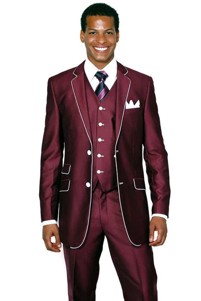 Fortino Landi Men's Refined Shiny Sharkskin Burgundy Tuxedo Suit w/ White Piping - USA Men's Outlet