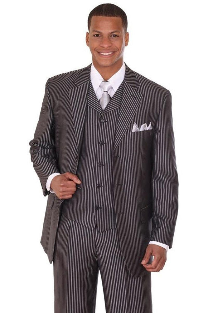 Fortino Landi Men's Shiny Sharkskin Pinstripe 3-Button Suit in Black - USA Men's Outlet