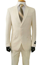 Fortino Landi Men's Slim Fit 2-Button Poplin Ivory Suit - USA Men's Outlet