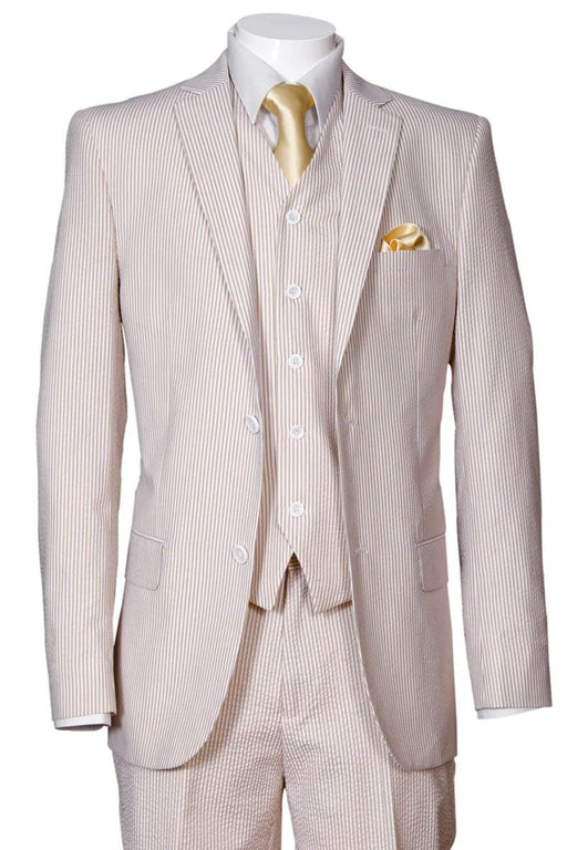 Fortino Landi Men's Tan Seersucker Vested 2-Button Summer Suit - USA Men's Outlet