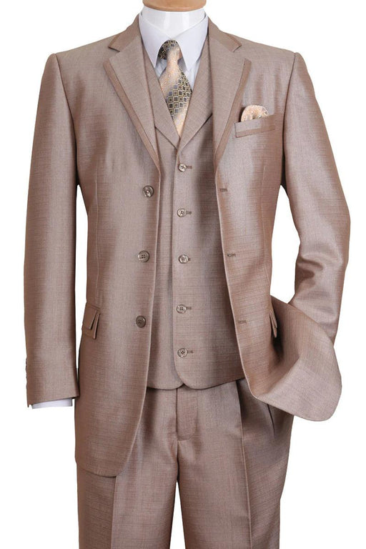 Fortino Landi Men's Tan Textured Sharkskin 3 Button Vested Church Suit - USA Men's Outlet