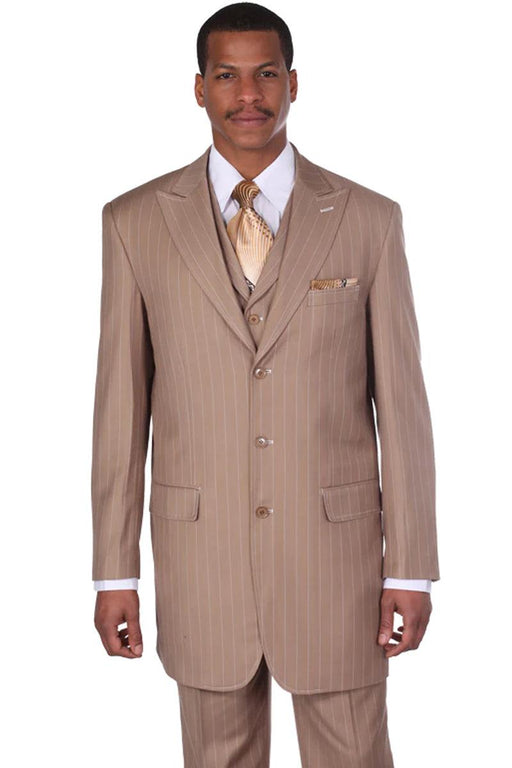 Fortino Landi Men's Tan Vintage Vested Gangster Pinstripe Suit - USA Men's Outlet