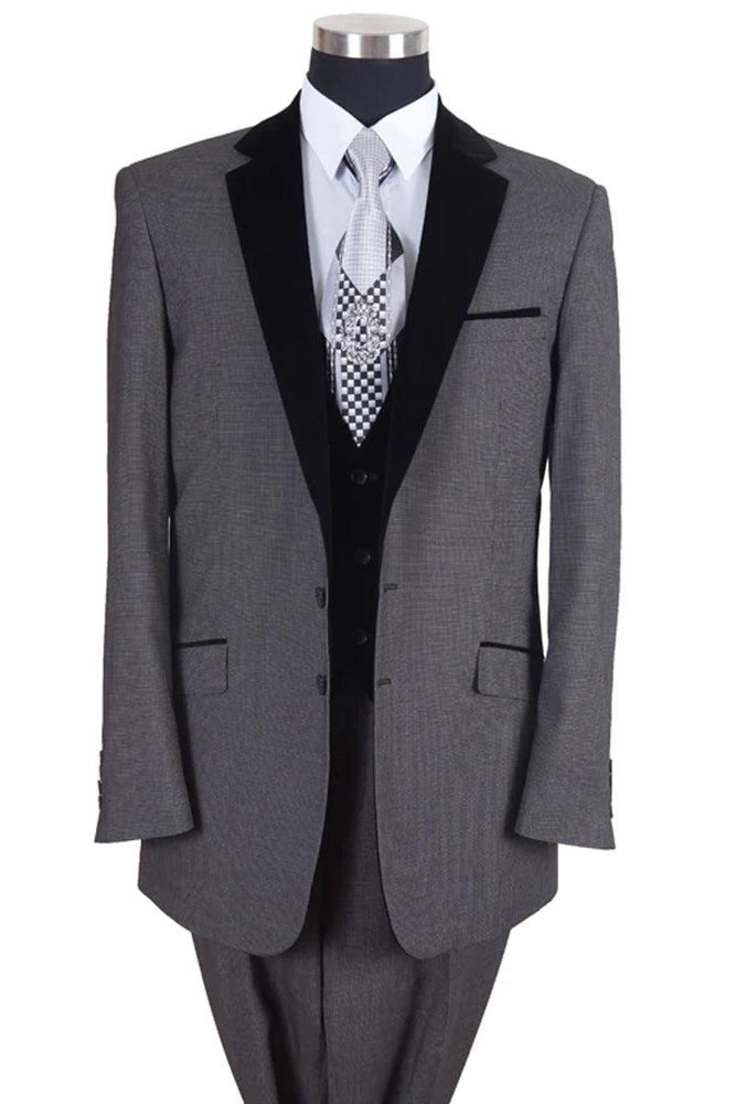 "Fortino Landi Men's Vested Grey Tuxedo w/Black Velvet Lapel & Vest" - USA Men's Outlet