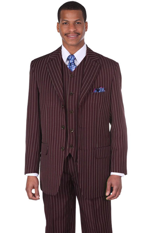 Fortino Landi Men's Vintage 3 Button Gangster Pinstripe Suit in Brown - USA Men's Outlet