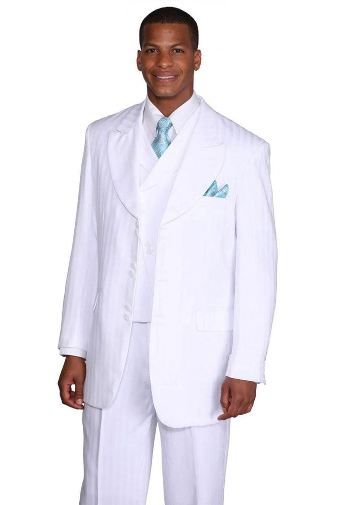 Fortino Landi Men's White Peak Lapel Pinstripe Slanted Vest Suit - USA Men's Outlet