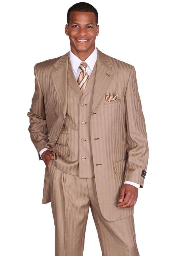 Fortino Landi Mens 3-Button Vested Tan Pinstripe Suit: Timeless Fashion for the Modern Gentleman - USA Men's Outlet