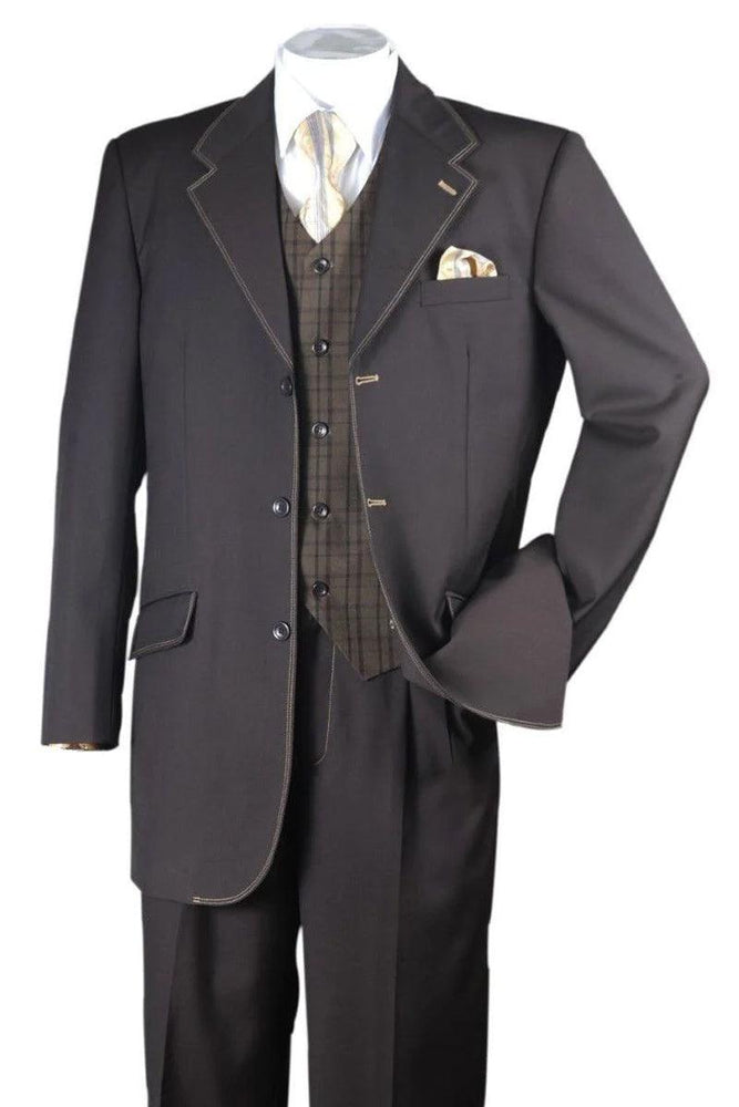 Fortino Landi Mens Brown Semi-Wide Leg Vested Suit, White Stitching - USA Men's Outlet