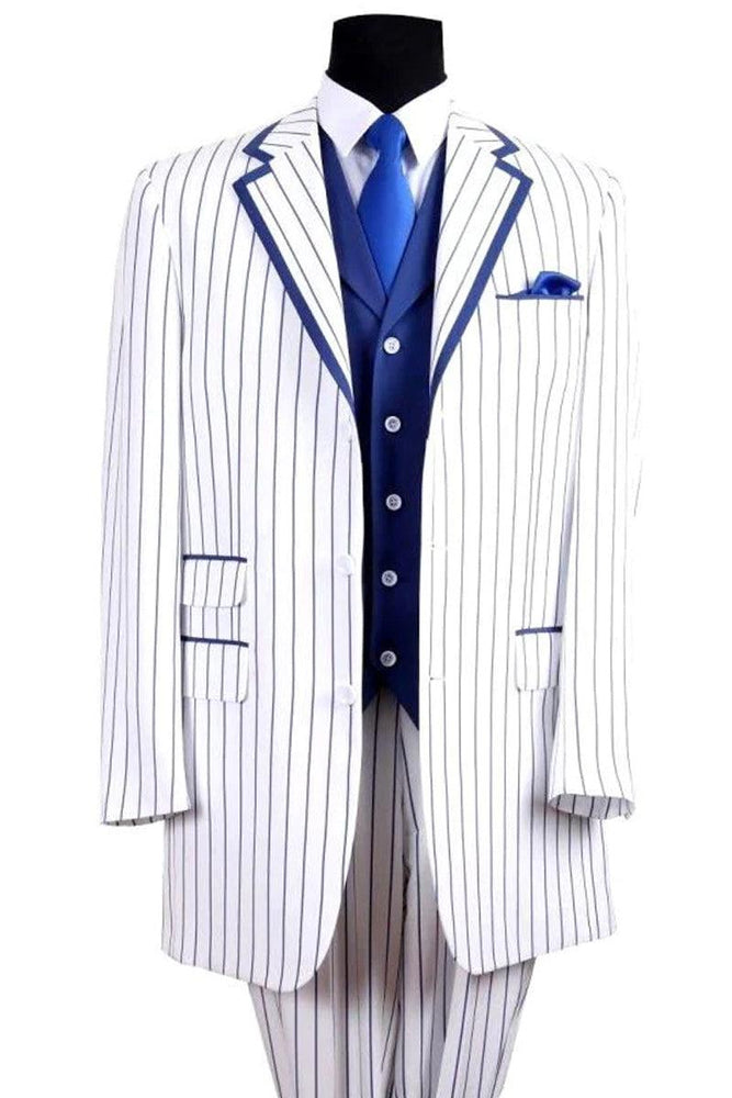 Fortino Landi Mens 'White w/ Royal Blue Pinstripe' 3-Btn Vested Suit - USA Men's Outlet