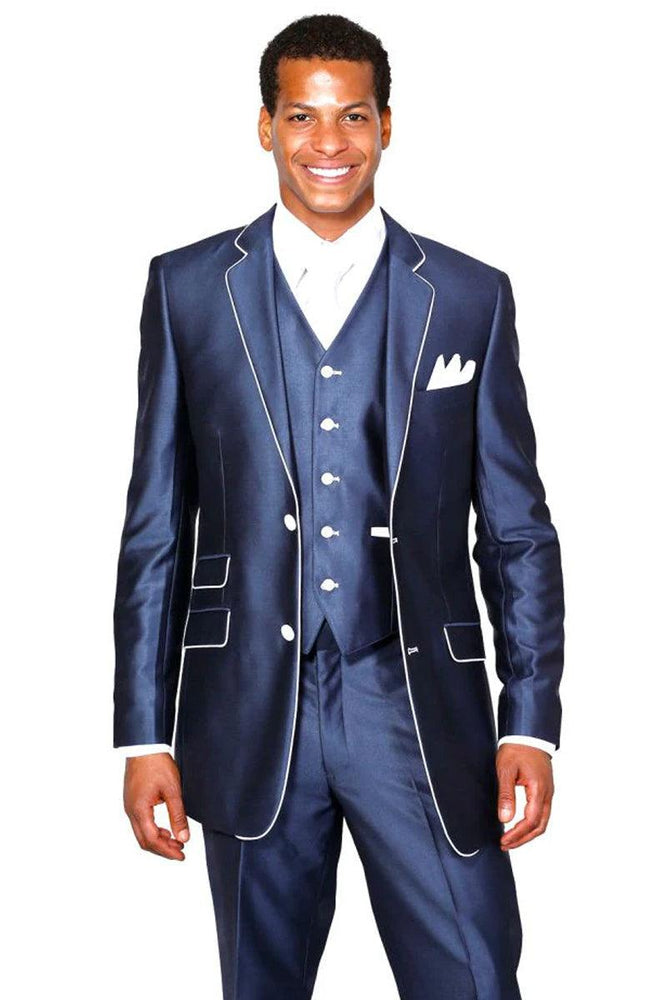 "Fortino Landi Navy Blue Sharkskin Tuxedo with White Piping | Slim Fit Vested Suit" - USA Men's Outlet