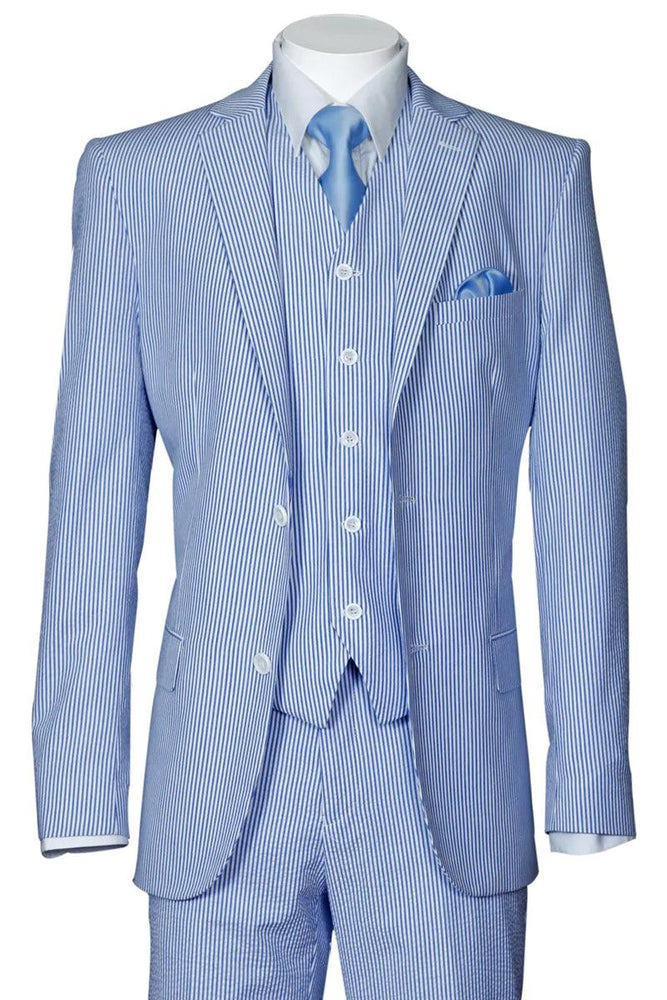 Fortino Landi Seersucker Summer Suit w/Vest - Blue 2-Btn - USA Men's Outlet