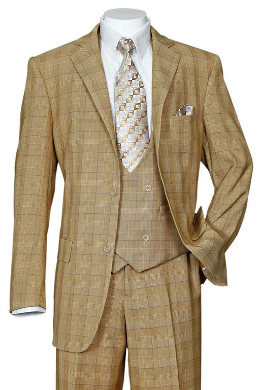 Fortino Landi Tan Windowpane Plaid Modern Fit Suit w/ Scooped Vest 40R | CLOSE OUT - USA Men's Outlet