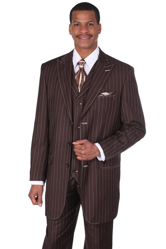 Fortino Landi Vintage Gangster Brown Vested Pinstripe Suit - USA Men's Outlet