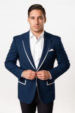 front view of man wearing slim fit dark blue Tazio blazer