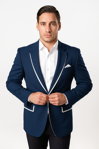 front view of man wearing slim fit dark blue Tazio blazer