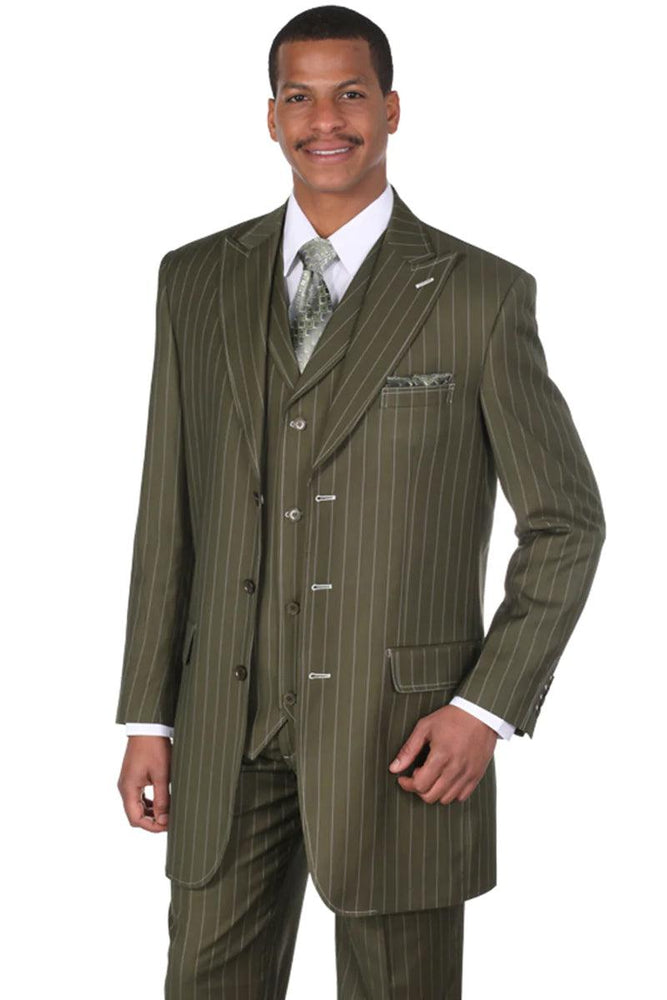 Ft. Landi Olive Green Vested Gangster Pinstripe Suit: Timeless Menswear Style - USA Men's Outlet