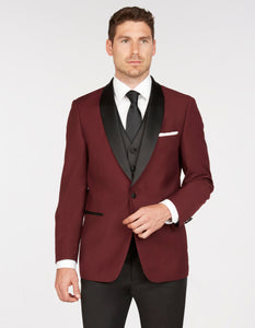 Mens Vested One Button Shawl Lapel Prom Tuxedo in Burgundy - Mens Slim Fitted Tuxedo - Men's Tuxedo USA