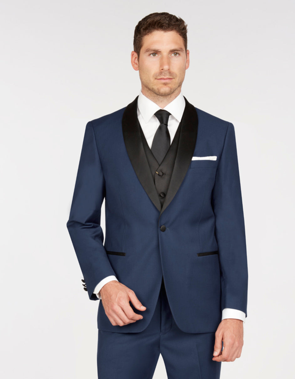 Mens Vested One Button Notch Lapel Wool Tuxedo in Navy Blue main image 0