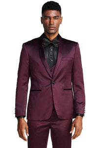 "Burgundy Men's Slim Fit Vested Satin Tuxedo Suit for Prom & Wedding"