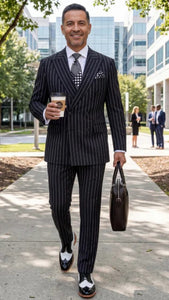 Statement Men's 2 Piece 100% Wool Modern Fit Pinstripe Suit - Double Breasted Jacket