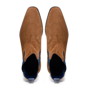 Zelli Gianna Suede Chelsea Boots in Cognac with Flexible Navy Goring