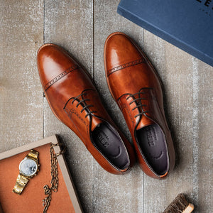 Zelli Giovanni Cap Toe Brogue Dress Shoes in Cognac with Textured Finish