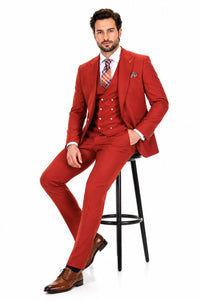 Men's Brick Statement Ticket Pocket Peak Lapel Wool Double Breasted Vest Suit with Gold Buttons – Modern Fit